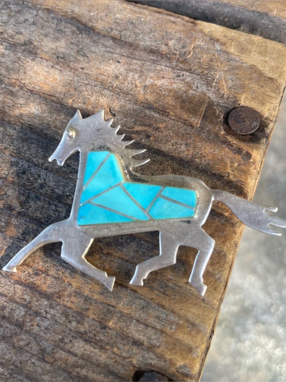 Signed JE Zuni Inlay Turquoise Mustang Running Horse Pin Sterling
